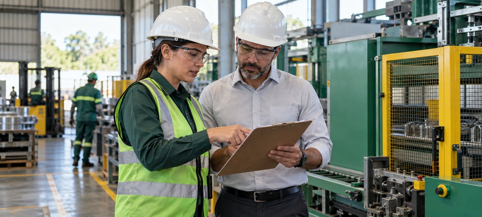 Consultora de Segurança do Trabalho orientando um gestor em ambiente industrial