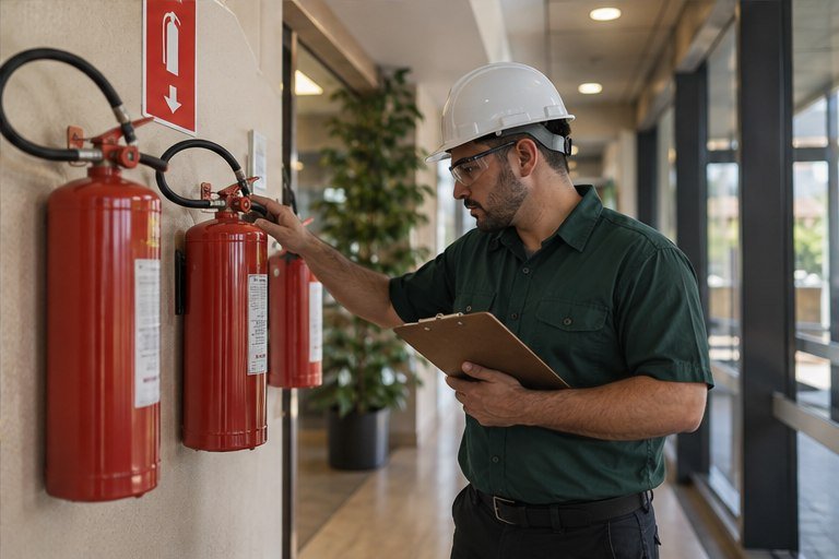 Profissional verificando equipamentos de proteção contra incêndio