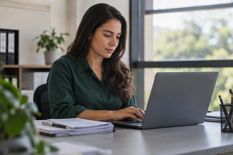 Profissional organizando informações de SST em computador
