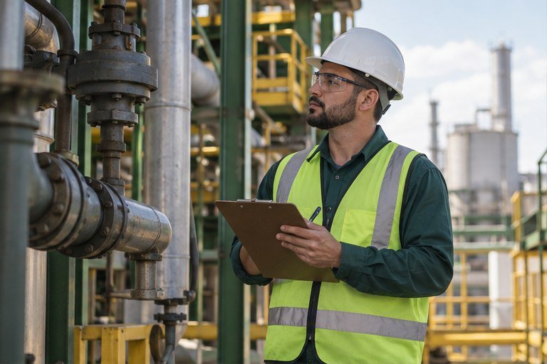 Profissional de Segurança do Trabalho inspecionando instalação industrial