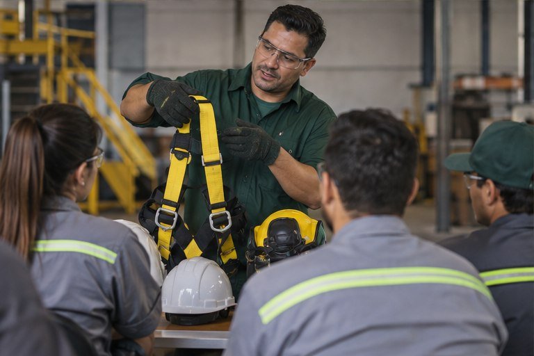 Instrutor demonstrando equipamento de proteção em treinamento